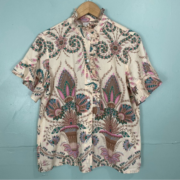 Mille Vanessa Top Versailles Women Sz Medium Cream Multi Button Down Ruffle - Picture 3 of 10